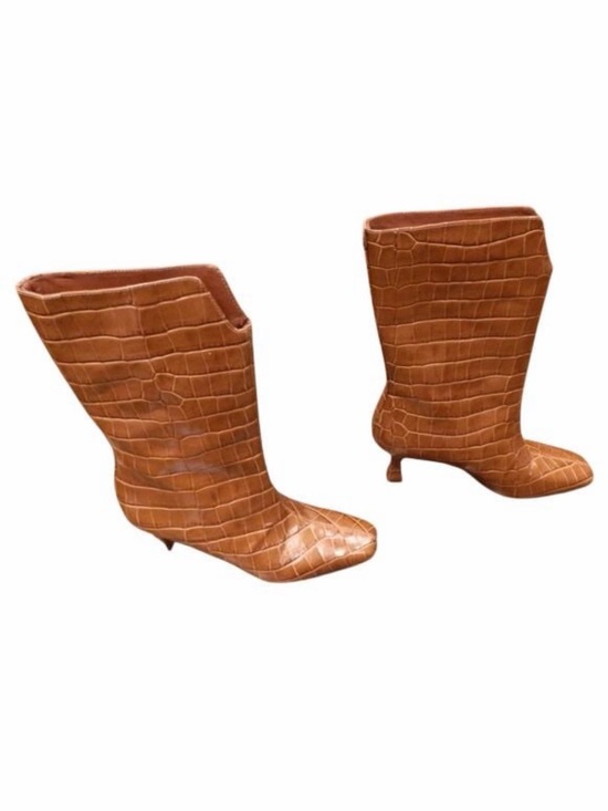 Sam Edelman Shoes - Sam Edelman Croc-Embossed Mid-Calf Kitten Heel Boots in Brown
